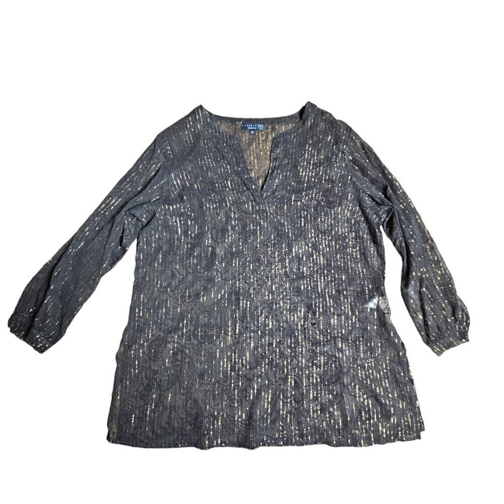 David Dart Silk Blend Sheer Blouse Top Paisley Brown Gold Metallic Tinsel 1X NWT